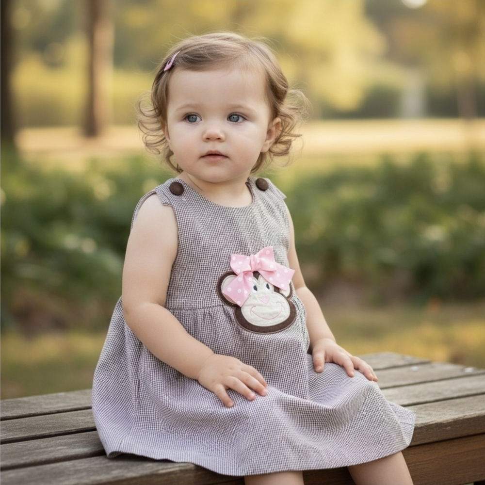 Castles & Crowns ✦ Monkey Applique Gingham Dress ✦ Pink Bow Brown White 5T